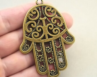 Hamsa Charms, Large Hamsa Hand pendant beads, up to 2 pcs, Antique Bronze 50X70mm CM1656B