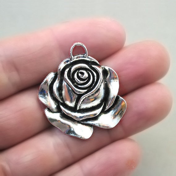 Rose Charms, Large Flower Pendant Beads, up to 4 Pcs, Antique Silver  32x36mm CM1406S 