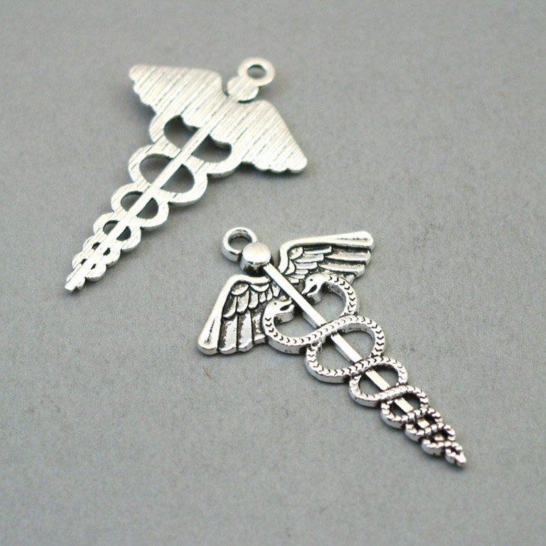 BULK 15 Caduceus Charms Wholesale Large Medical Symbol pendant beads Antique Silver 30X50mm CM1457S