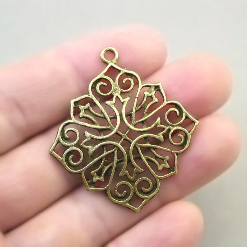BULK 10 Flower Charms Wholesale Large Filigree Diamond Flower pendant beads Antique Bronze 40X44mm CM1382B