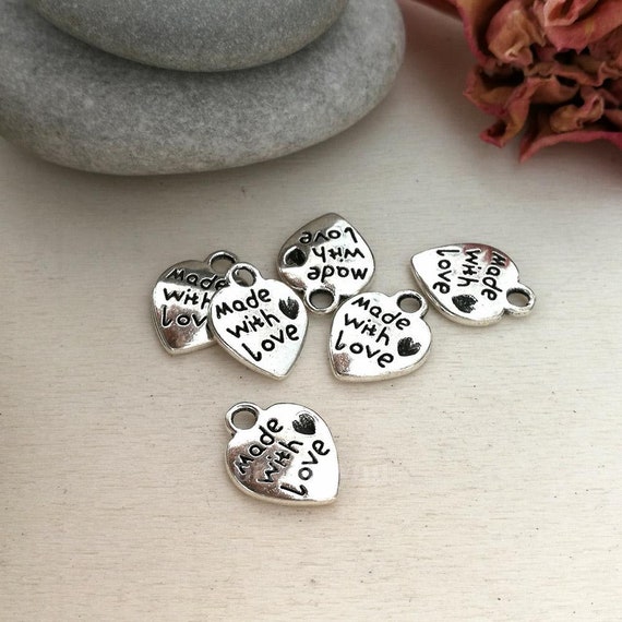 Made with Love Charms, Heart Stamped Tag pendant beads, up to 80 pcs, Antique Silver 9X12mm CM0009S