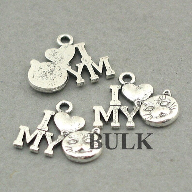 BULK 40 I Love My Cat Charms Antique Silver 13X17mm CM0589S Wholesale Cat pendant beads