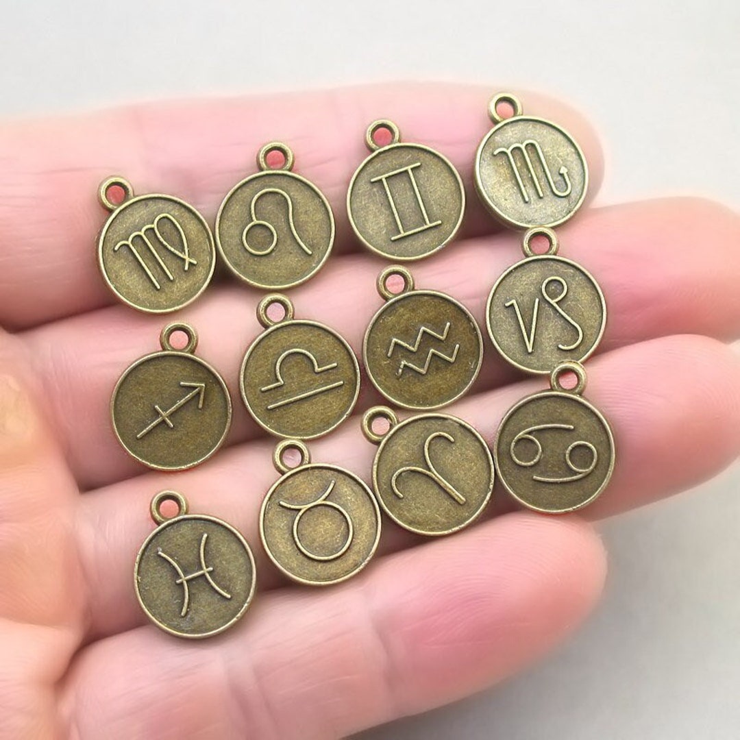 Zodiac Sign Charms, Horoscope Symbol Birthday Disc Pendant Beads, up to 12  Pcs a Sign or Whole Set, Antique Bronze 12mm CM1613BA-L 