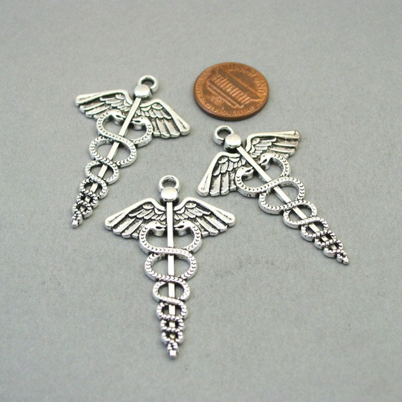 BULK 15 Caduceus Charms Wholesale Large Medical Symbol pendant beads Antique Silver 30X50mm CM1457S