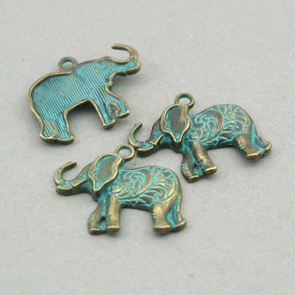 Elephant Charms, Green Elephant pendant beads, up to 6 pcs, Antique B…