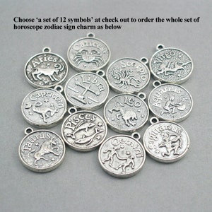 May include: A set of 12 silver zodiac sign charms, each featuring a different astrological symbol. The charms are round and have a slightly textured surface. The symbols include Aries, Taurus, Gemini, Cancer, Leo, Virgo, Libra, Scorpio, Sagittarius, Capricorn, Aquarius, and Pisces.