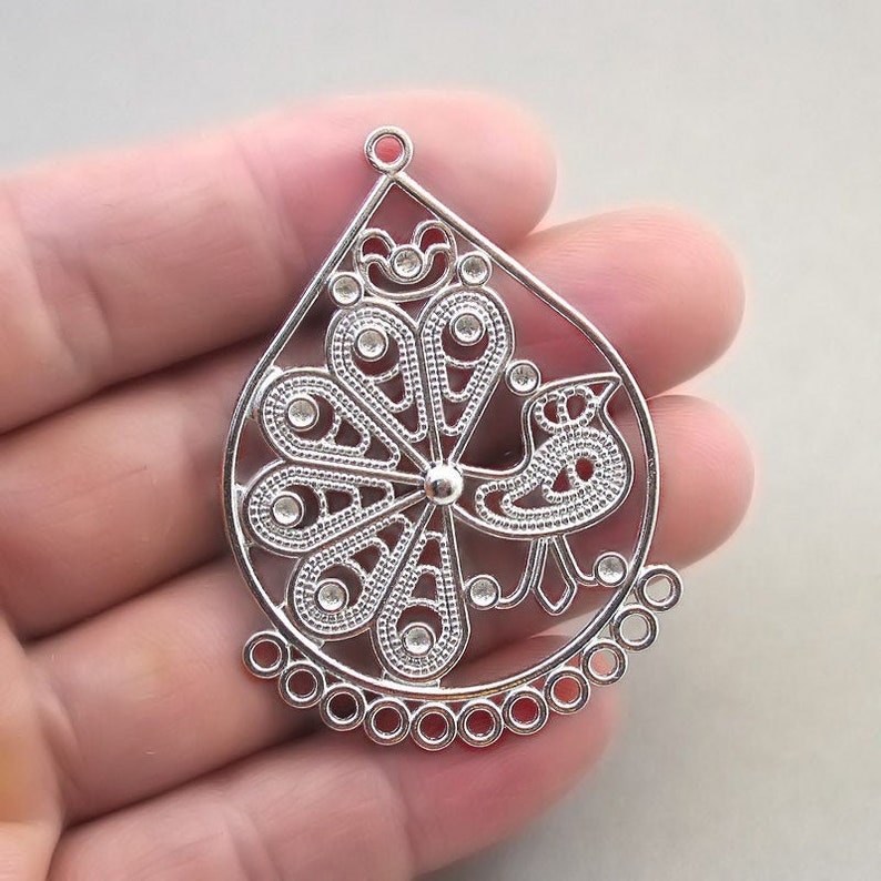Large Filigree Phoenix Bird Link pendant beads up to 2 pcs Peacock Charm Connectors Antique Silver 40X55mm CM1661S