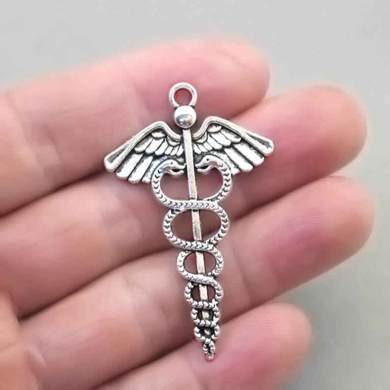 BULK 15 Caduceus Charms Wholesale Large Medical Symbol pendant beads Antique Silver 30X50mm CM1457S