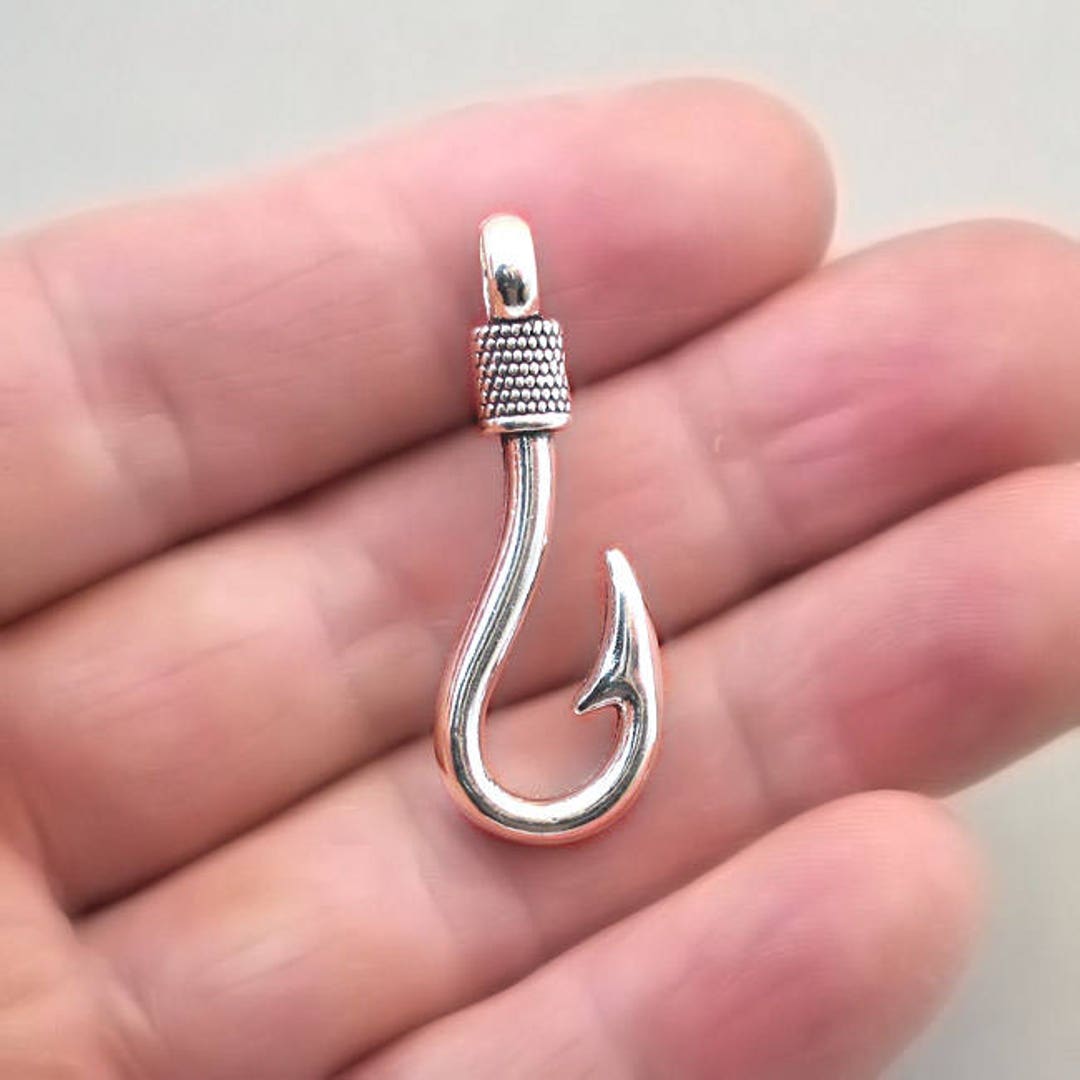 Fish Hook Charms, Large Fish Hook Pendant Beads, up to 8 Pcs, Antique