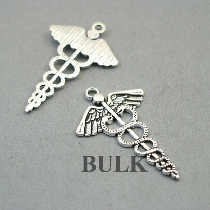 BULK 15 Caduceus Charms Wholesale Large Medical Symbol pendant beads Antique Silver 30X50mm CM1457S