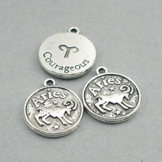 Zodiac Aries Charms, Horoscope Aries Disc pendant beads, March April Birthday, up to 6 pcs, Antique Silver 17mm CM0643S
