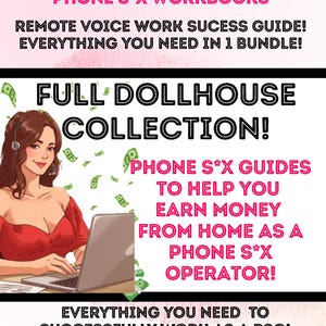 Könnte beinhalten: Werbegrafik mit dem Text "DOLLHOUSE LIBRARY" und "PHONE S*X WORKBOOKS". Es enthält auch den Text "FULL DOLLHOUSE COLLECTION!" und "PHONE S*X GUIDES TO HELP YOU EARN MONEY FROM HOME AS A PHONE S*X OPERATOR!"