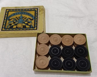 Vintage Boxed Set of 24 Hardwood Draughts / Checkers