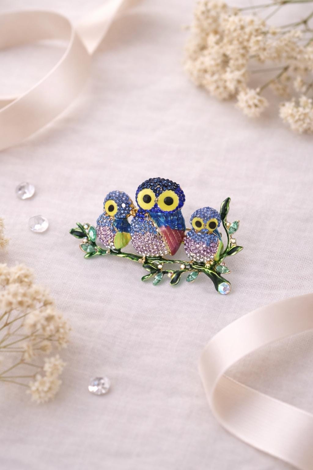 Colorful Owl Brooch, Rhinestone Owl Pin, Rainbow Crystal Bird Brooch, Cute Animal Jewelry, Vintage S