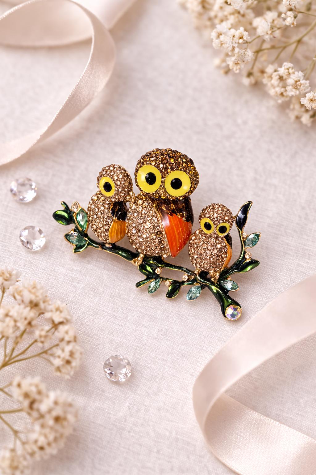 Owl Brooch, Rhinestone Owl Family Pin, Woodland Bird Jewelry, Cottagecore Accessory, Nature Lover Gi