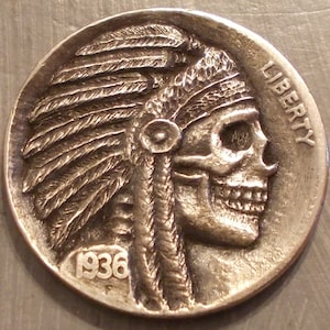 Deep Carved Hobo Nickel, Crazy, Creepy, Skull, Evil #91