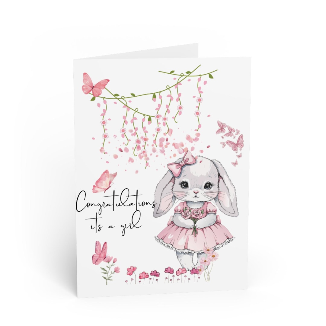 Congratulations Rabbit Baby Girl Congratulations Card, Watercolor Bunny Rabbit - Etsy