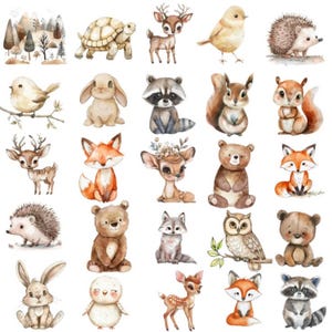 Pode incluir: Ilustrações em aquarela de vários animais da floresta, incluindo veados, raposas, ursos, pássaros e coelhos. A obra apresenta cores suaves e um estilo caprichoso, ideal para decoração infantil ou projetos de artesanato.