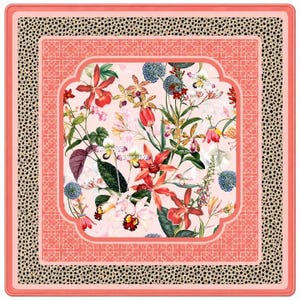 May include: A square scarf featuring a central panel of pink background with various colorful orchids and blue globe thistles. This is surrounded by a coral pink geometric lattice border and an outer frame of black and beige leopard print.