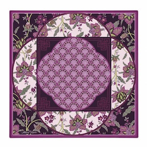 May include: A square scarf featuring a central circular medallion with a purple fan-like geometric pattern, surrounded by a dark purple border with a Greek key design. The outer corners display a floral print on a light pink and dark purple background.