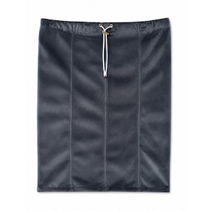 May include: A dark gray velvet skirt featuring a straight silhouette with vertical seam detailing. The garment includes an elasticized waistband with a white drawstring cord threaded through two metal eyelets at the center front.
