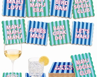 Mahjong Social Club Coasters | Colorful Cabana Stripe Game Night Set (Set of 8)