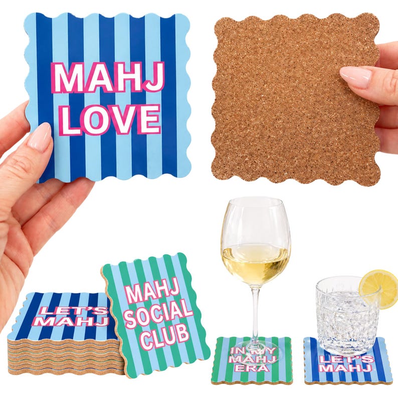 May include: A set of square drink coasters with scalloped edges, featuring blue and light blue vertical stripes. The coasters display pink and white text including "MAHJ LOVE," "LET'S MAHJ," "MAHJ SOCIAL CLUB," and "IN MY MAHJ ERA." The reverse side is cork.