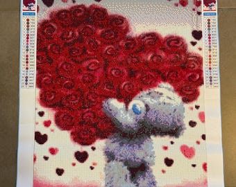 Quadro con diamanti raffigurante un orso con cuore di rose, decorazione romantica da parete (50 x 60 cm)