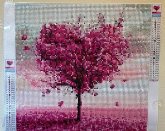 Afgewerkte diamant schilderij paarse bloesem boom, handgemaakte muurkunst, klaar om op te hangen woondecoratie