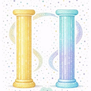 以下が含まれることがあります： 2つの装飾的な柱のイラスト。黄色と青の柱が、カラフルなドットが散りばめられた白い背景に描かれています。柱は点描模様で装飾されています。デザインは、装飾的または芸術的なテーマを示唆する、気まぐれな雰囲気を持っています。