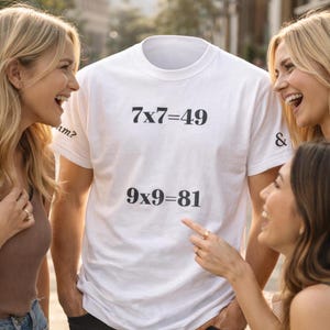Könnte beinhalten: Weißes T-Shirt mit den Gleichungen 7x7=49 und 9x9=81 in Schwarz aufgedruckt. Das T-Shirt wird von einer Person getragen, die von drei lächelnden Personen umgeben ist. Das T-Shirt hat einen Rundhalsausschnitt und kurze Ärmel.