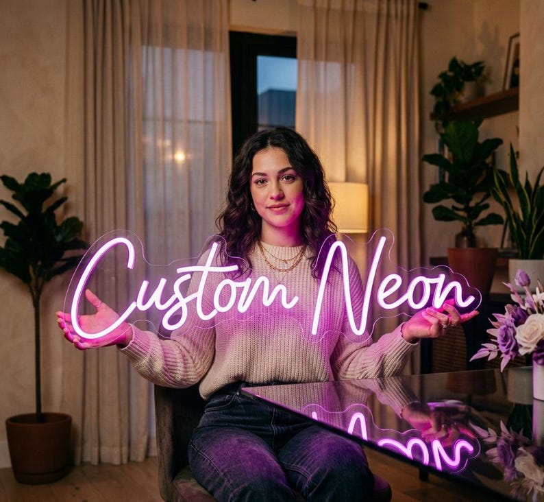 May include: A neon sign in a cursive font that reads "Custom Neon" in bright pink. The sign is held by a person in a beige sweater and jeans. The background includes curtains, plants, and a table.