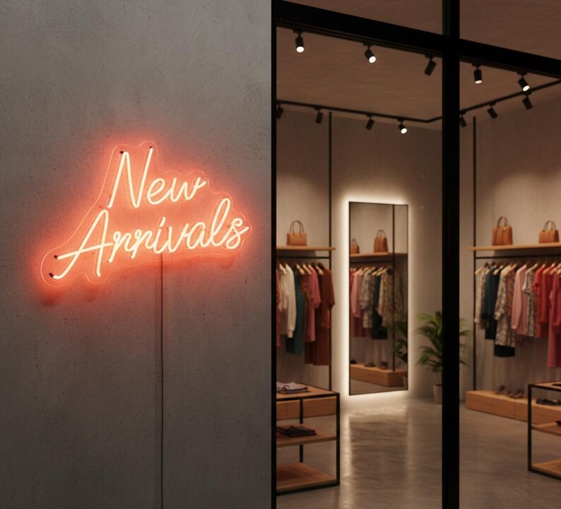 May include: A neon sign with the words "New Arrivals" in a cursive font, glowing orange against a gray wall. The sign is in a retail store, with clothing racks and a mirror visible through a glass partition.
