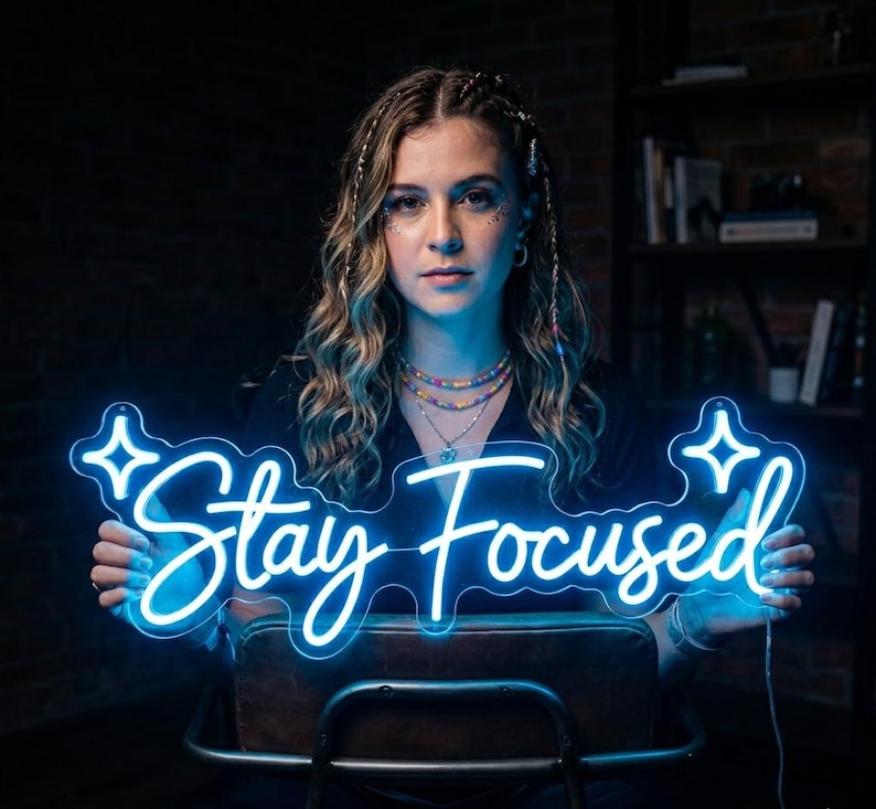 May include: A blue neon sign with the words "Stay Focused" in a cursive font. The sign is surrounded by decorative star shapes. The sign is held up in front of a person.