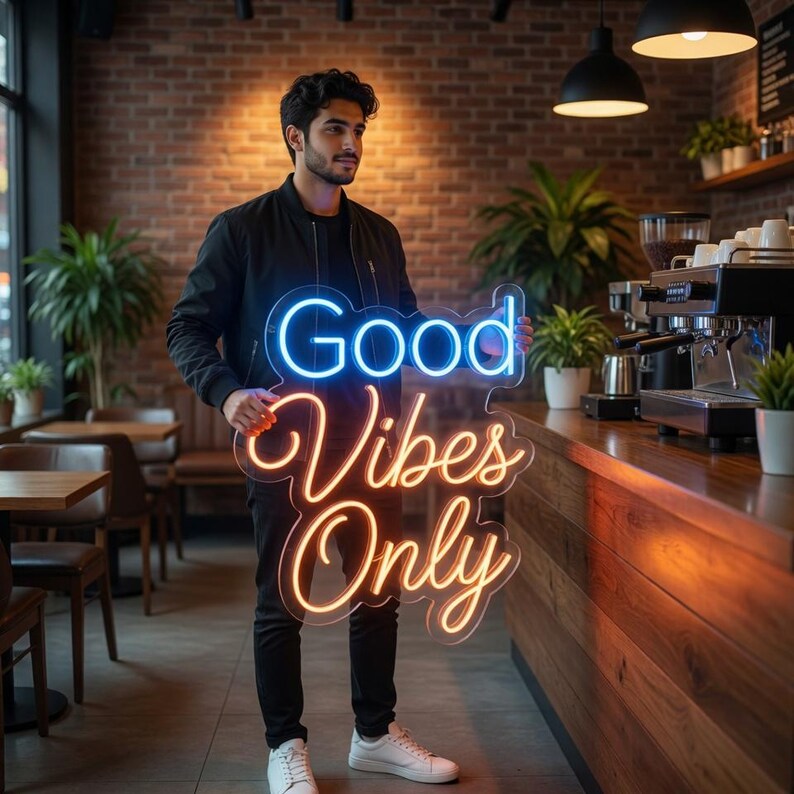 May include: A neon sign with the text Good Vibes Only in blue and orange light. The word Good is in blue, while Vibes and Only are in orange. The sign is mounted on a clear acrylic backing and is held by a person wearing a black jacket and pants.