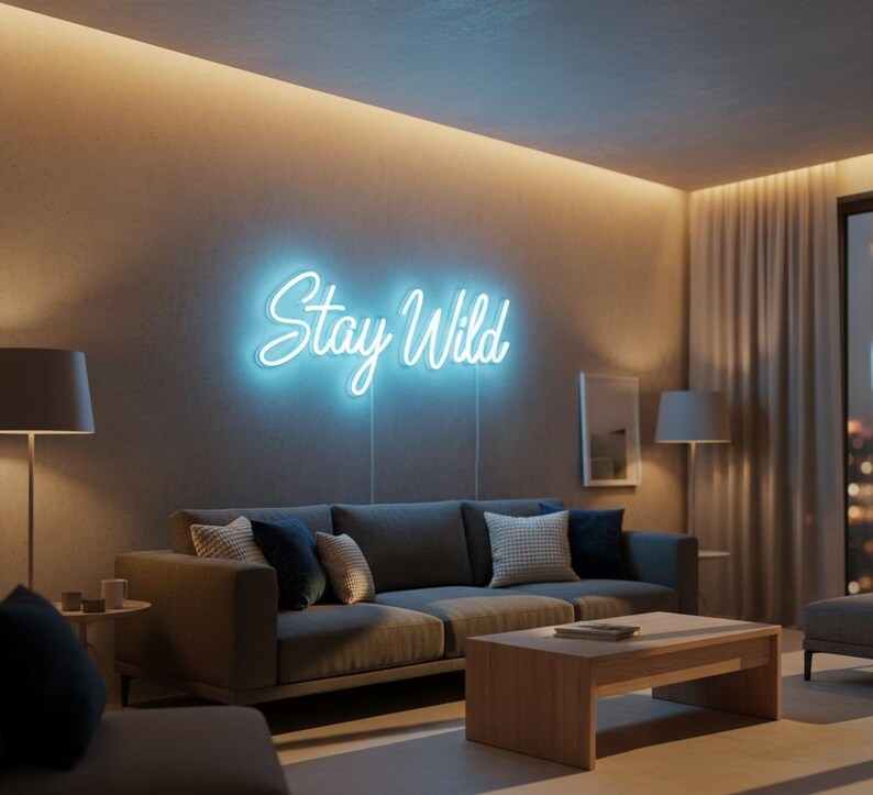 May include: A living room scene featuring a gray sofa with decorative pillows, a wooden coffee table, and a neon sign that reads "Stay Wild" in cursive script. The sign is illuminated with a bright blue light, adding a modern touch to the room's decor.