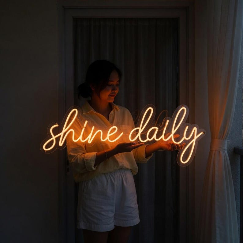 May include: A neon sign featuring the words shine daily in a cursive script font. The sign emits a warm orange glow and is constructed with clear tubing. The text is written in a continuous, flowing style, creating a bright and luminous display.