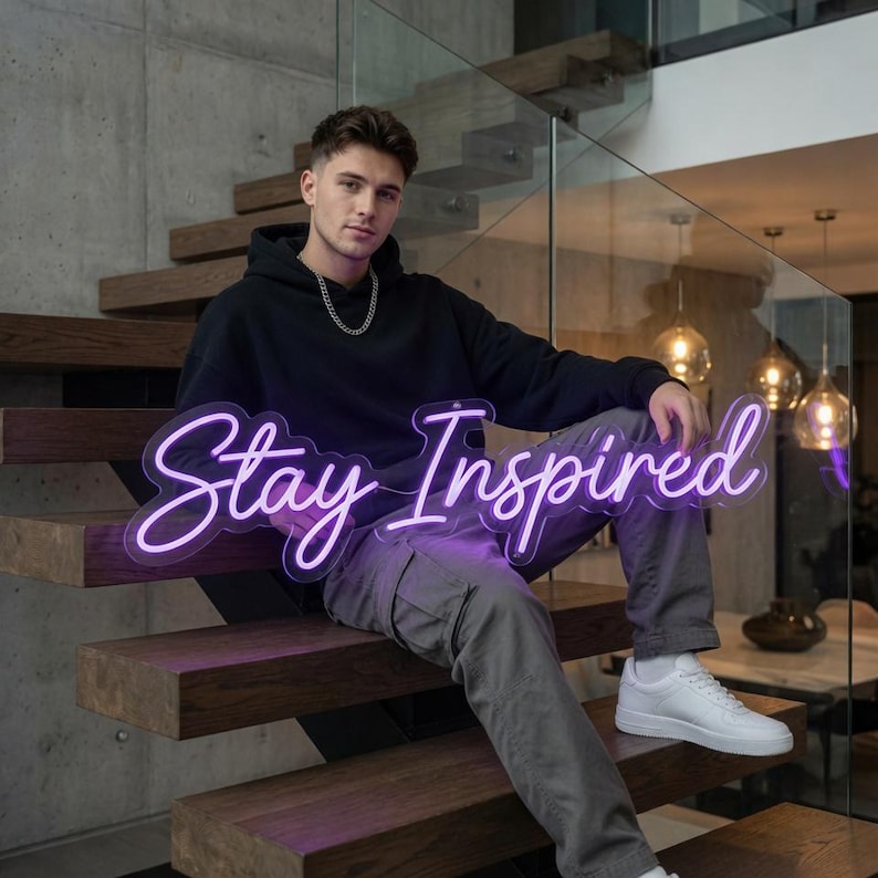 May include: A purple neon sign with the text Stay Inspired in a cursive script font. The sign is held by a person wearing a black hooded sweatshirt, grey cargo pants, and white sneakers, sitting on wooden stairs with a glass railing.