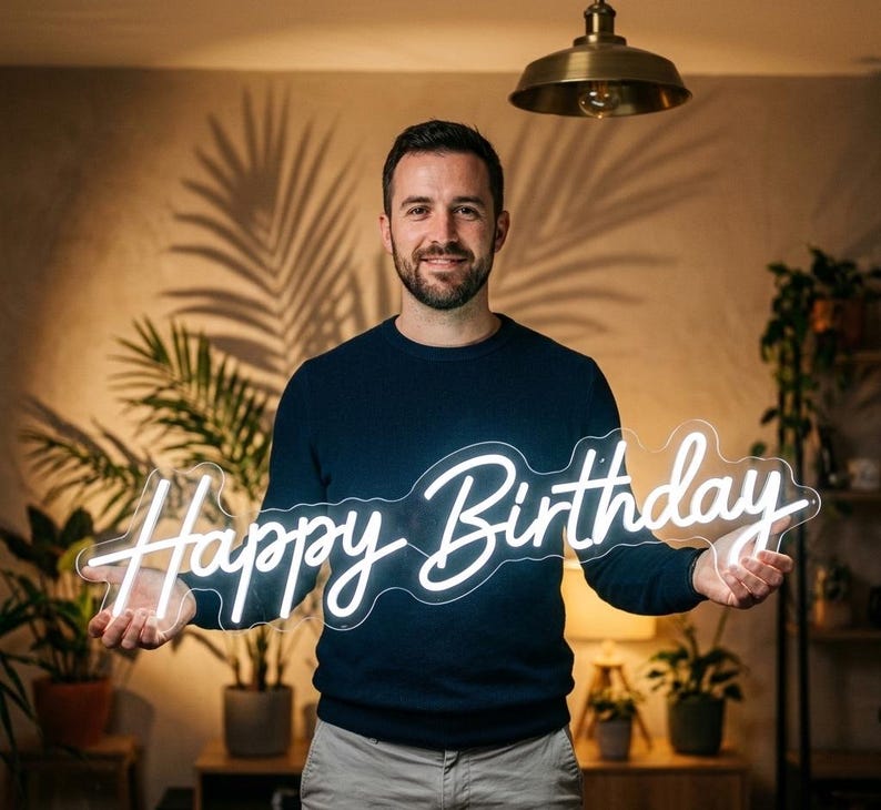 May include: A white neon sign featuring the words Happy Birthday in a cursive script font. The sign is mounted on a clear, contoured acrylic backing and emits a bright, steady glow, displaying the text clearly across the center.