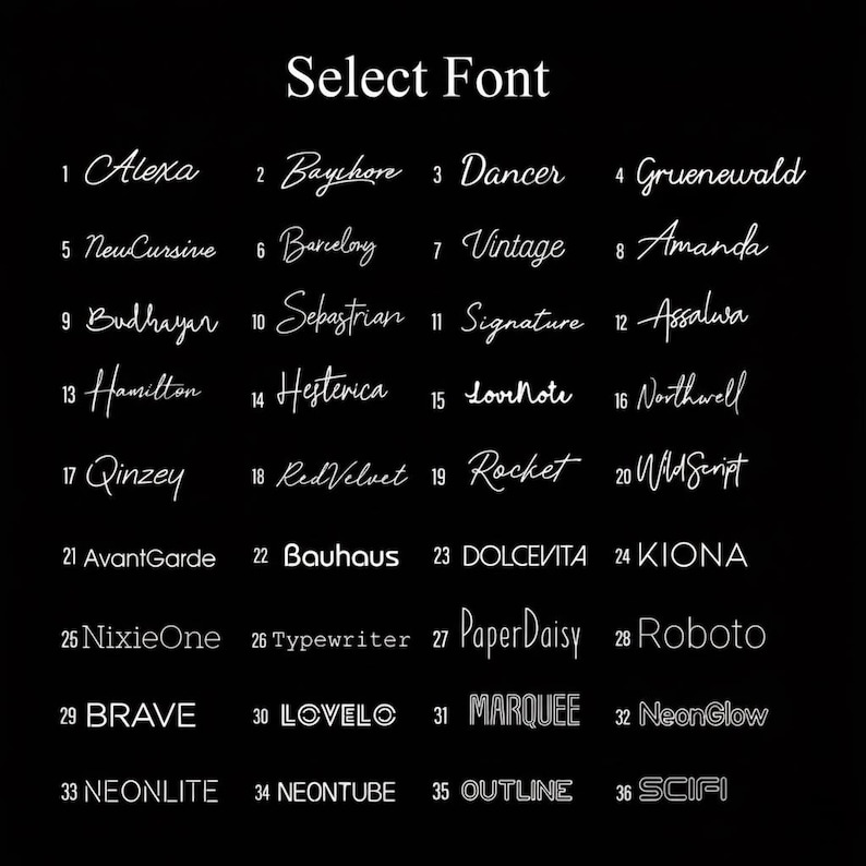 May include: A black background displays a list of 36 font styles. The text "Select Font" is at the top. Each font is numbered and presented in a unique style, ranging from cursive to bold sans-serif.