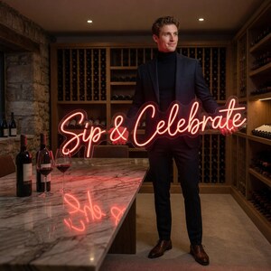 May include: A custom neon sign featuring the text "Sip & Celebrate" in a flowing, cursive script. The sign emits a bright red glow and is constructed from clear acrylic backing, designed to be held horizontally for display at events.