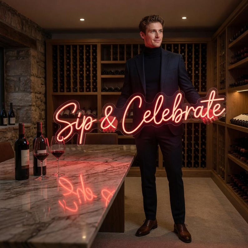 May include: A custom neon sign featuring the text "Sip & Celebrate" in a flowing, cursive script. The sign emits a bright red glow and is constructed from clear acrylic backing, designed to be held horizontally for display at events.