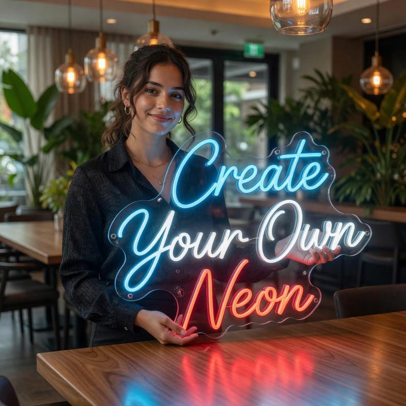 May include: A custom neon sign mounted on a clear, wavy acrylic backing. The sign features the text "Create Your Own Neon" in a cursive font, with "Create" in blue, "Your Own" in white, and "Neon" in red, illuminated by bright LED tubing.
