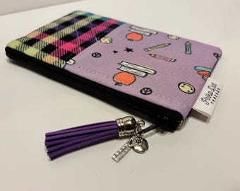 Teacher Zipper Pouch, Pencil Plaid Flannel Mini Purse, Ripstop Lined