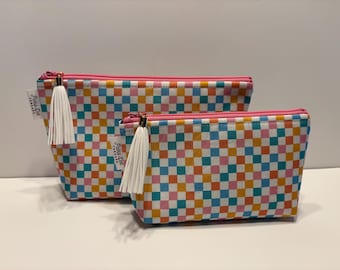 Checkerboard Cosmetic Bag Set, Ripstop Nylon Zippered Pouches
