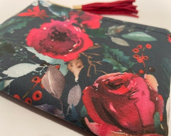 Winter Floral Mini Zipper Pouch, Christmas Coin Bag