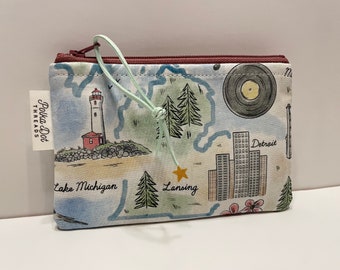 Michigan Bag, Cities, Detroit, Makeup Bag, Zippered Pouch, bag, Michigan gift, makeup bag, Mitten Gift, makeup, Lansing, Purse pouch