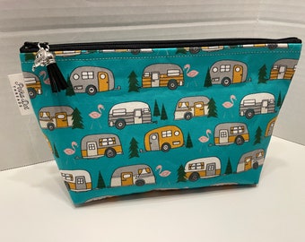 Retro Camper Medium Bag, Glamping, Girls gifts, Cosmetic Bag, Zippered Pouch, Ripstop nylon bag, Bestie gift, makeup bag, Flamingo, Teal bag