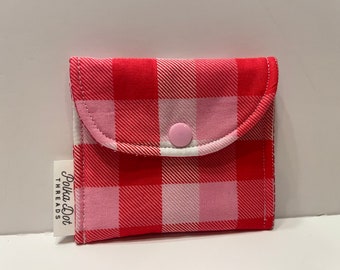 Pink Plaid, Gift Card Holder, Mini Pouch, Snap Pouch, Coffee bag, coin pouch, lipstick Bag, change purse, coins, Envelope bag, Valentines