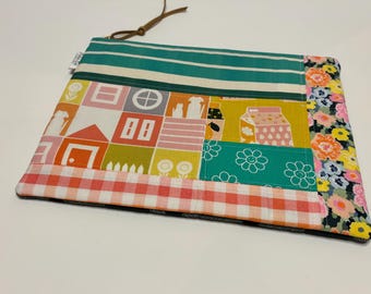 Large Patchwork Cosmetic Bag, Striped Floral Gingham Quilted Pouch